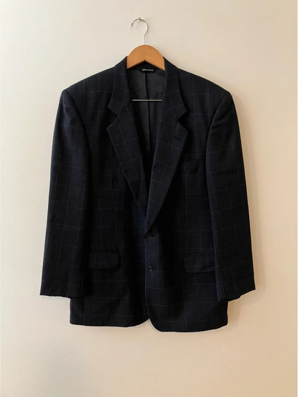 Geoffrey Beene Signature Mens 42R Navy Windowpane Blazer Wool Sport Coat Plaid
